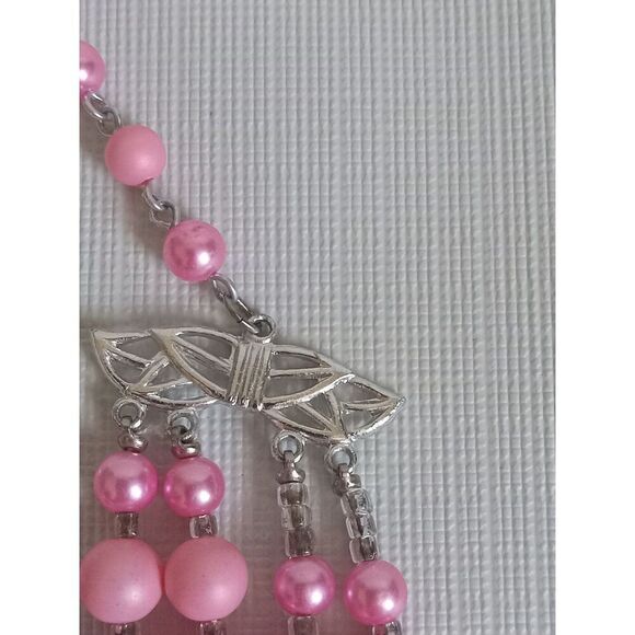 Shades of Pink and Translucent Iridescent Beads Multi Strand Statement Necklace - Picture 9 of 10